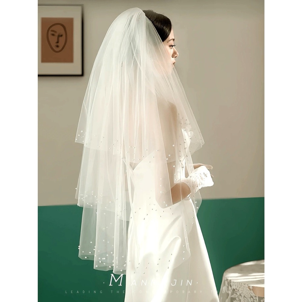 New 3 Tier White 39.5 in Pearl Edge Beaded Wedding Bridal Veil Elbow